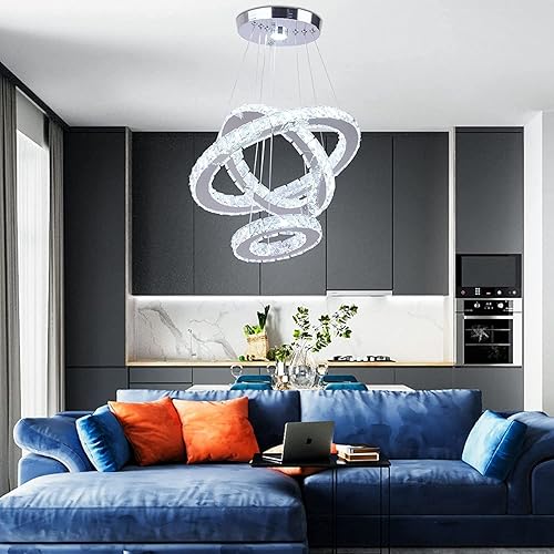 Miniatura 2 de Candelabros modernos de cristal de 3 anillos redondos LED, lámpara colgante de acero inoxidable, lámpara de techo ajustable para comedor,