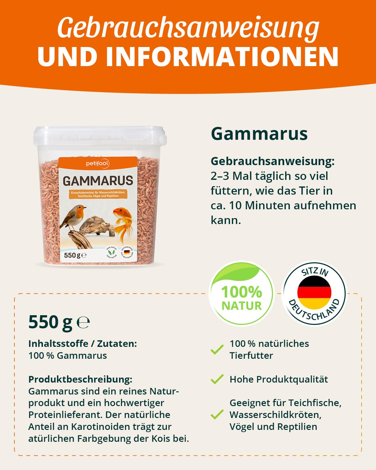 petifool Gammarus 550 g – Cangrejos Secos – Sano Aperitivo para Tortugas, Peces, Aves, Reptiles y roedores – alimento Natural