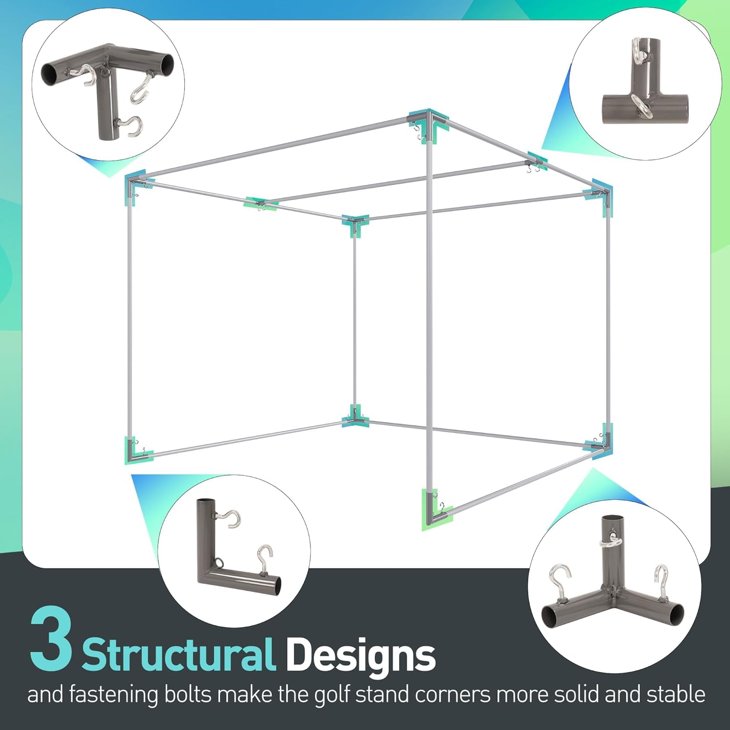 Golf Frame 1-3/8 in Corner Kit Triple Corner Bracket Powder Coated 10 Piece Kit Canopy Fittings with Threaded Eye-Bolts for Golf Practice Cage Nets, Backyard, Indoor, Outdoor, Home Gray Color