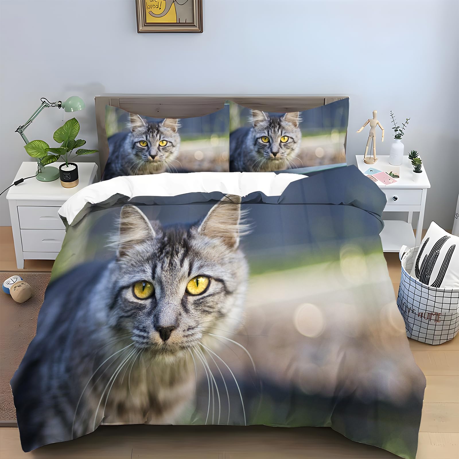Parure de lit 2 personnes housse de couette 240 x 260 chat Maine Coon imprimé animal gris