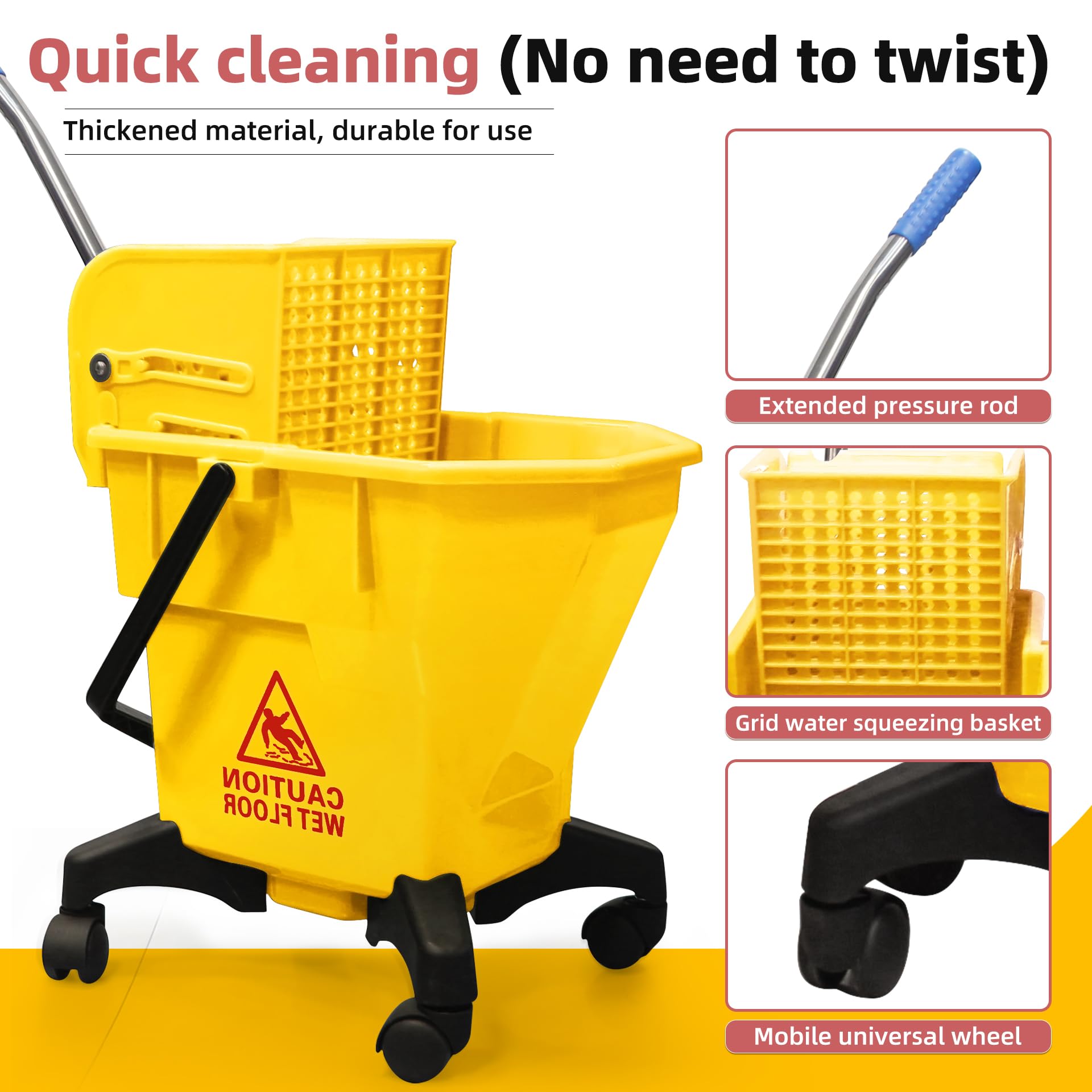 Cubo de fregona de 6.6 galones con escurridor, diseño sin punta y plástico resistente, sistema de fregona giratoria para suelos de madera dura, cubo individual que ahorra espacio (amarillo