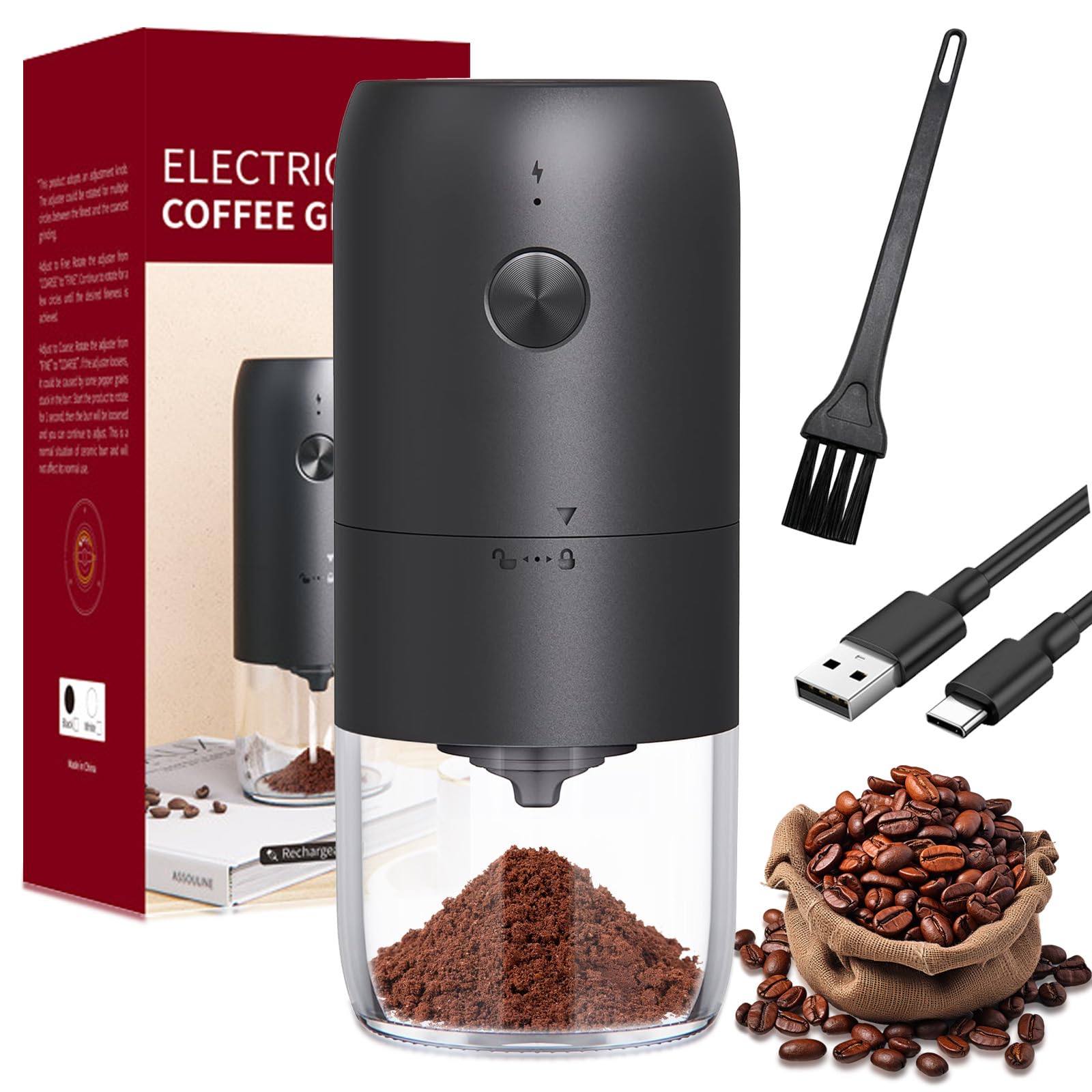 Macinacaffè Elettrico Portatile,Ricaricabile Tramite USB Coffee Grinder Rugosità Regolabile Capacità,Coffee Grinder con Macina Conica,Una Inizio Chiave Macinino Caffè per Casa,Ufficio
