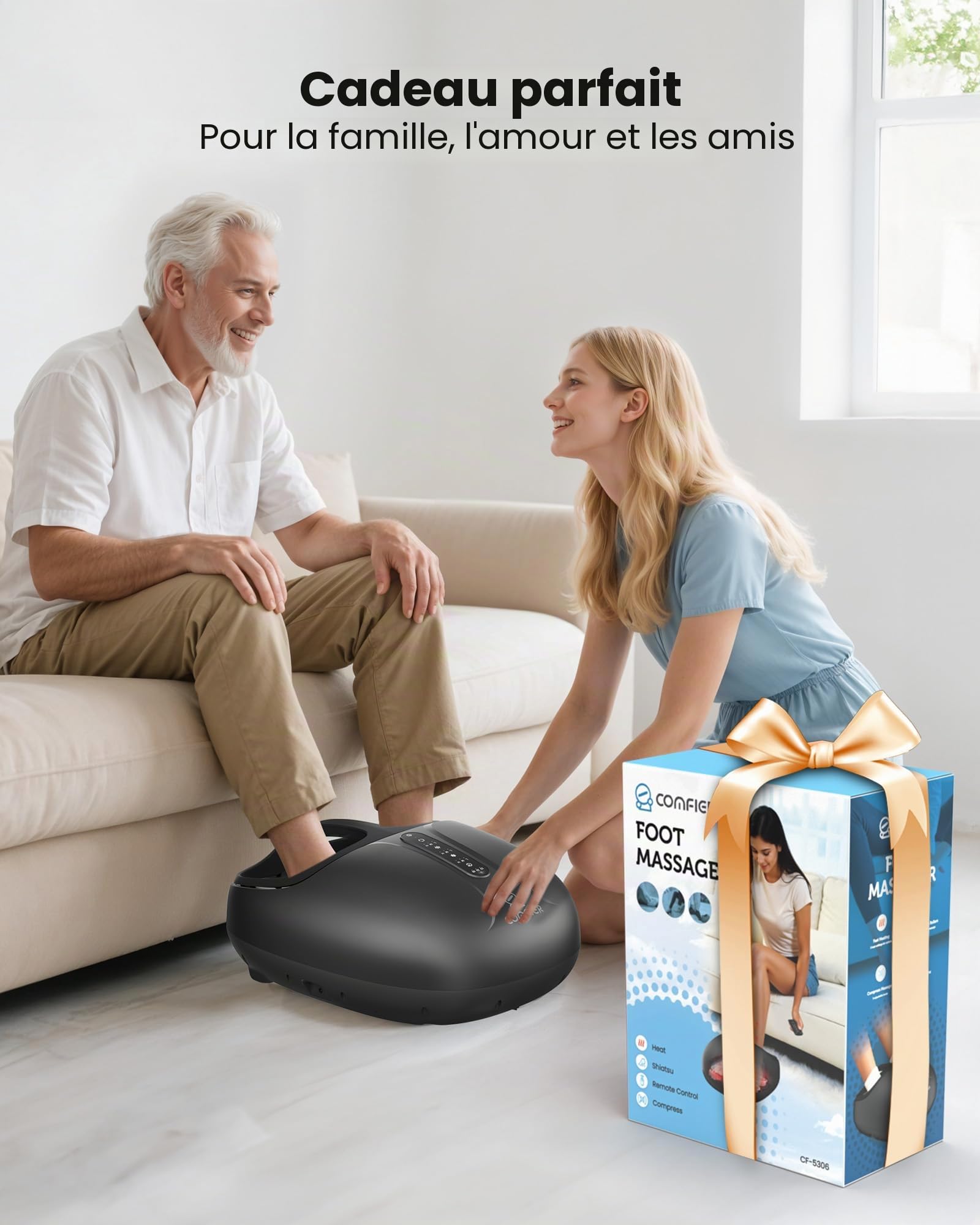 COMFIER Masseur de pieds avec chaleur, massage Shiatsu des pieds, double chauffage dessus et plante du pied, 3 niveaux de pétrissage et compression, télécommande, jusqu’à UE 46, cadeau femme homme