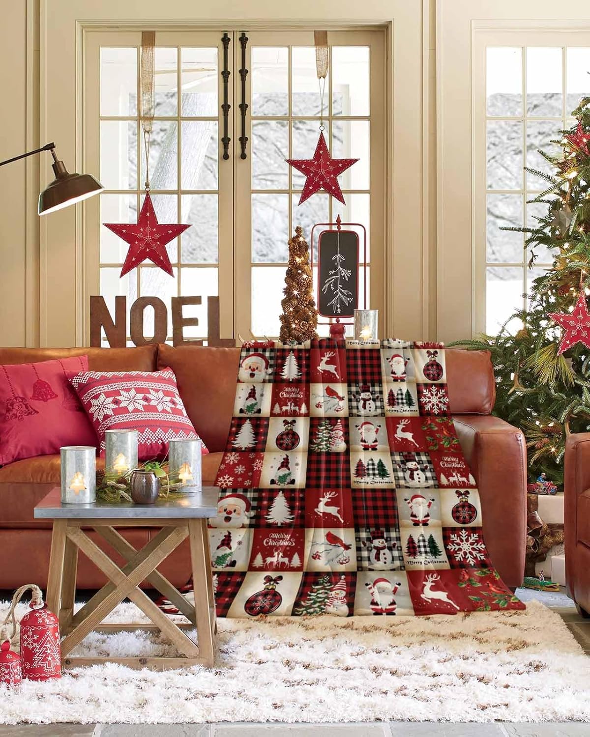 Christmas Checkered Flannel Fleece Throw Blanket, Xmas Tree Santa Microfiber Soft Fleece Blankets for All Season, Snowmen Snowflakes Fuzzy Plush Blanket Throws for Camping, Travel, Gifts, 50"x60"