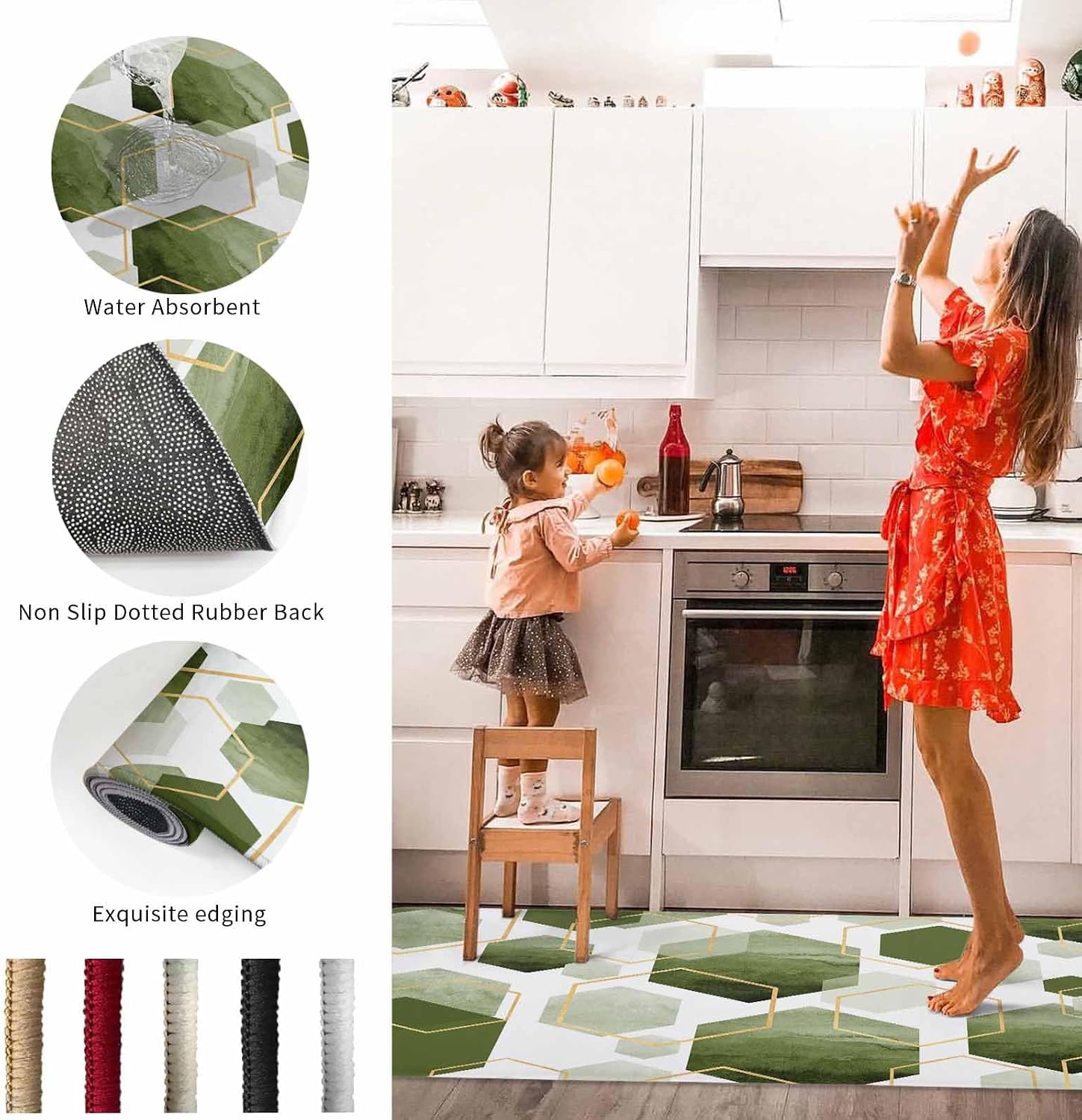2 Pieces Kitchen Rugs and Mats,Modern Sage Green Hexagon Pattern Area Runner Rug Set Non Slip Floor Doormat Washable Carpet Standing Mat for Kitchen Sink Indoor Corridor,Geometric Diamond Art