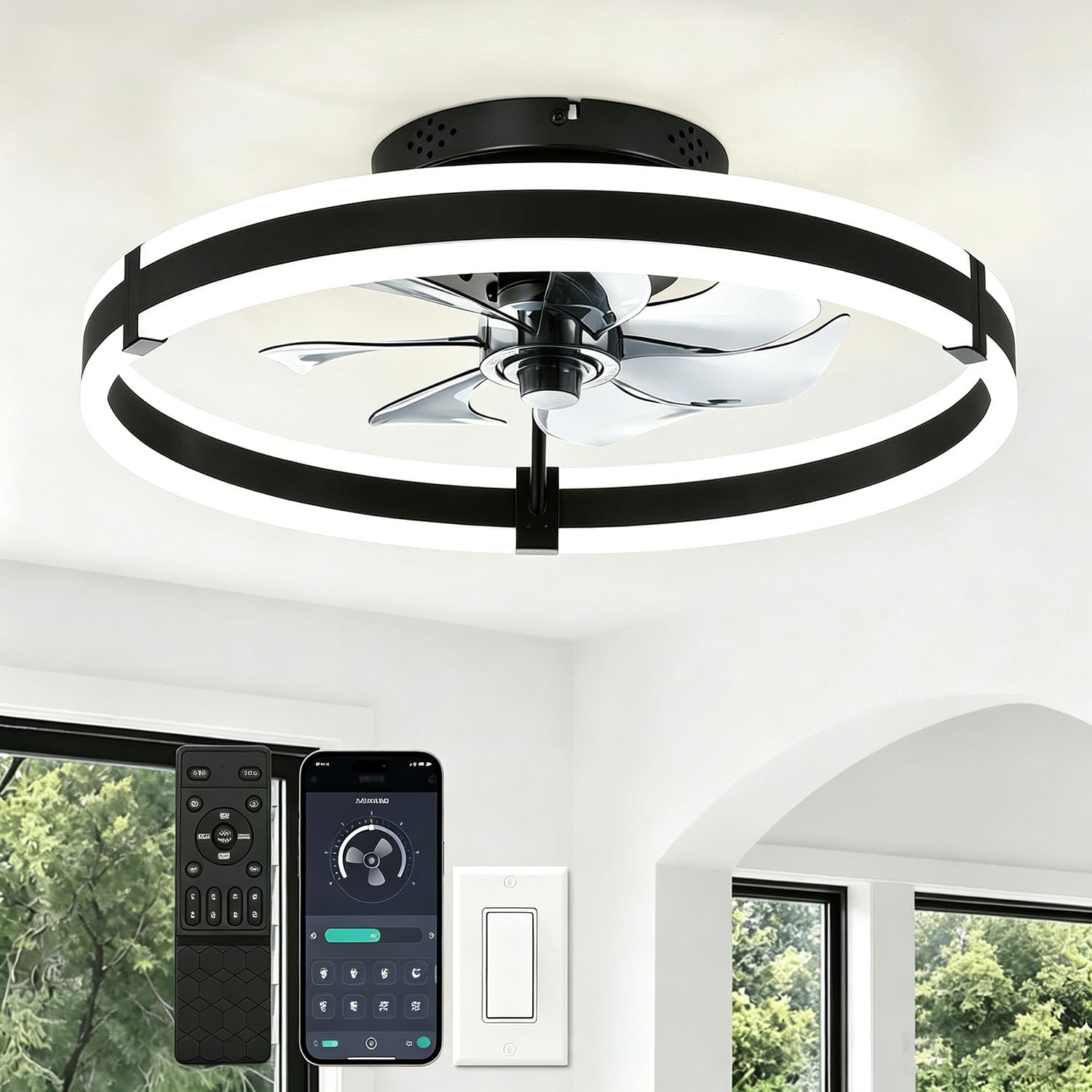 Piptyllite Ceiling Fan with LED Lights Remote, 6-Speed Quiet Reversible Motor, Flush Mount Dimming for Bedroom,Black
