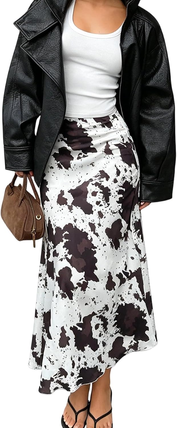 MakeMeChic Women's Satin Cow Print Long Skirt Maxi Silk Low Waist A Line Flare Summer Going Out Skirts