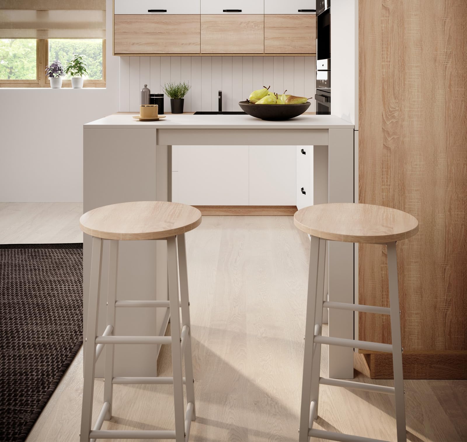 MB Muebles Bonitos | Ensemble Table Haute et 2 Tabourets Kyra | Mange-Debout de Cuisine avec 3 Étagères de Rangement | Set de Bar Moderne Gain de Place | Blanc | 110x103x50 cm