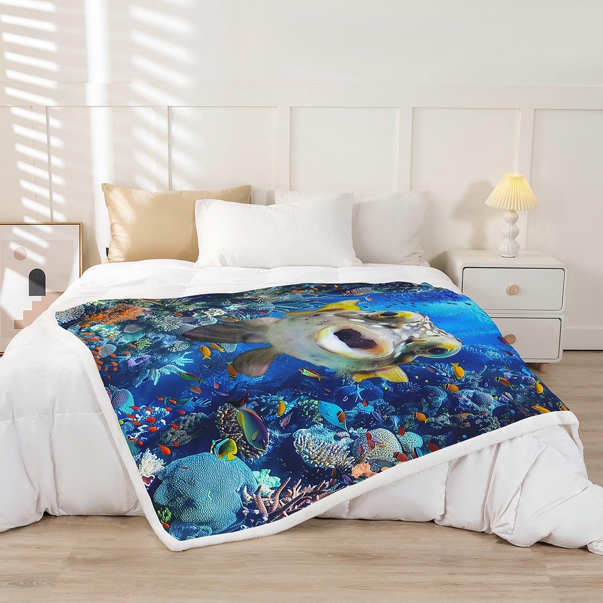 Castle Fairy Puffer Fish Throw Blanket,Coral Fish Bed Blanket for Kids Teens Boys Girls,Cute Undersea Lifes Fleece Blanket Blue Watercolor Animals Plants Fuzzy Blanket for Chair/Sofa Decor,50"x60"