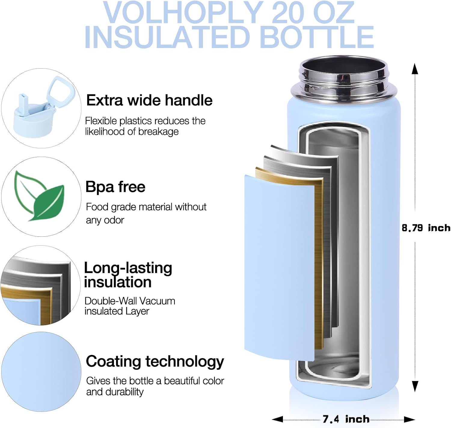Volhoply 20oz Insulated Stainless Steel Water Bottle with Straw Lid, Kids Wide Mouth Double Wall Vacuum Cups with Handle,Reusable Outdoor Sports Metal Bottles,Travel Flask Keep Cold&Hot(Blue,1) - Image 4