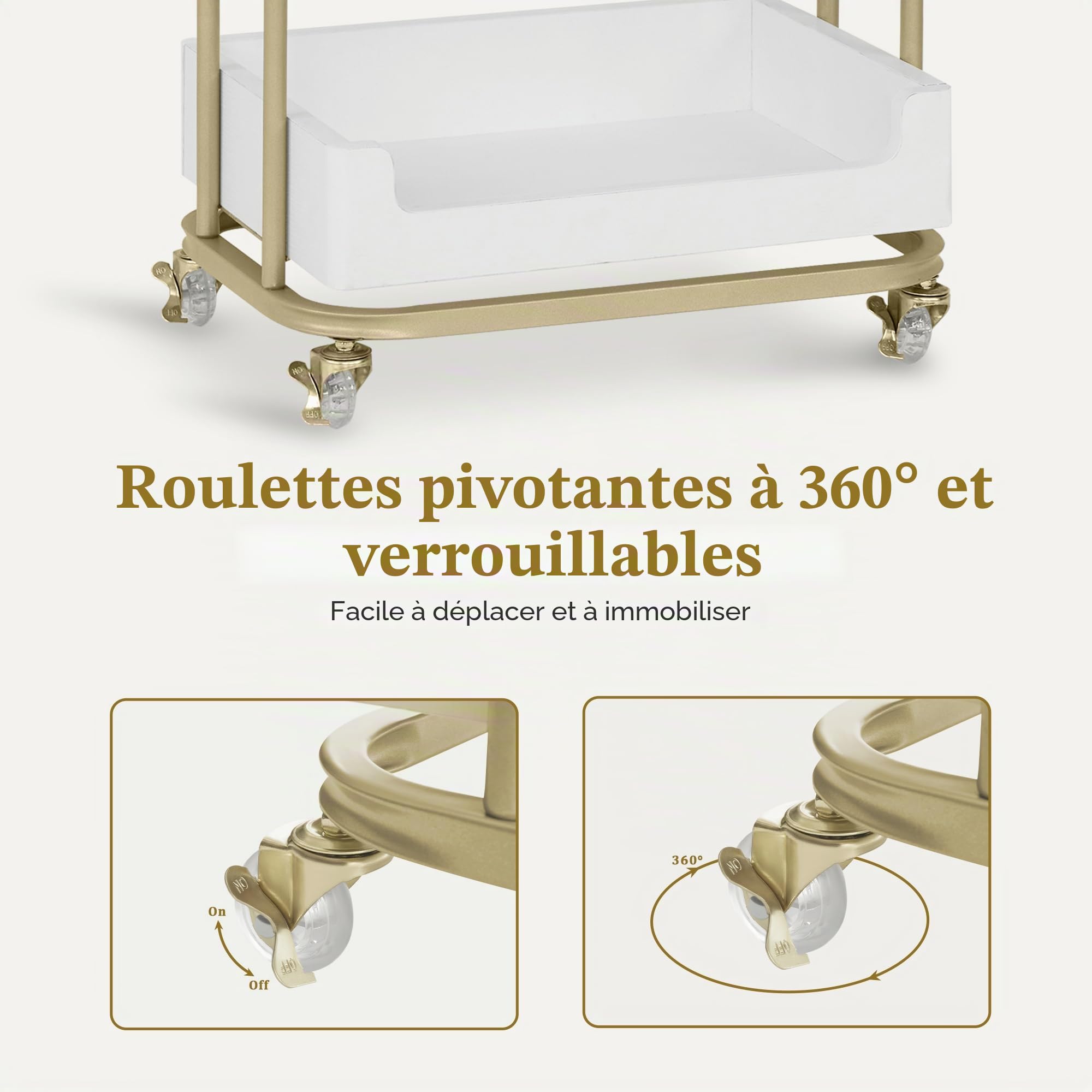 Barberpub Servante à roulettes & tiroir, Coiffeur Blanc-doré, Salon avec 3 étagères, servante Moderne pour Salle de Bain Salon, 37x51x87cm, 0093
