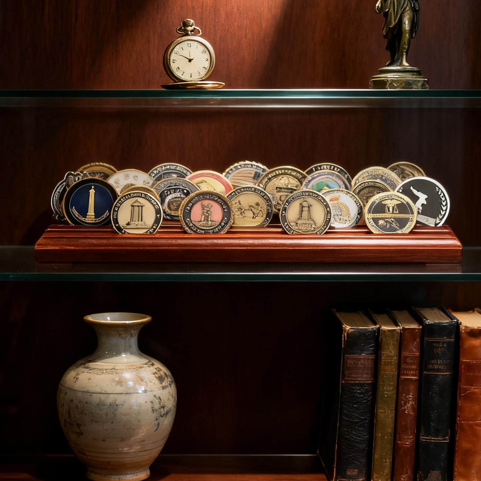 Espositore per monete in legno naturale – 6 slot per carte di credito per oltre 30 monete – Elegante porta monete da collezione per collezione di monete e cimeli – 33 × 13 × 3 cm, stabile contenitore