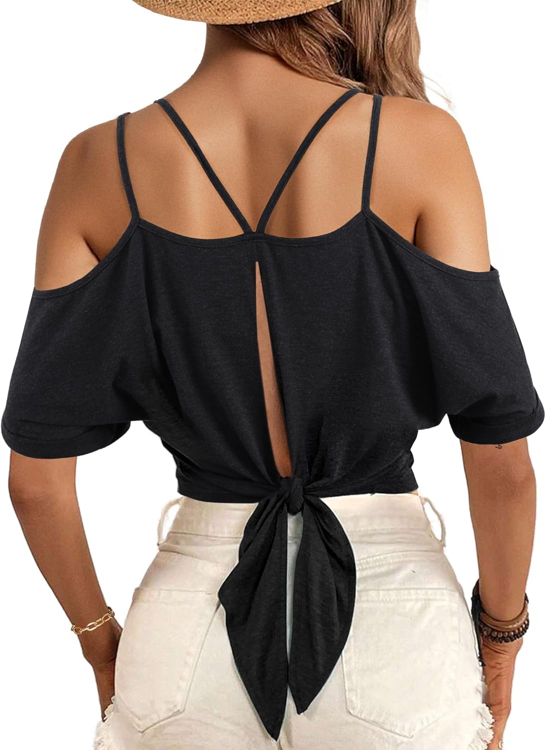 LilyCoco Womens V Neck T Shirts Sexy Cropped Cold Shoulder Tops Open Back Top - Image 2