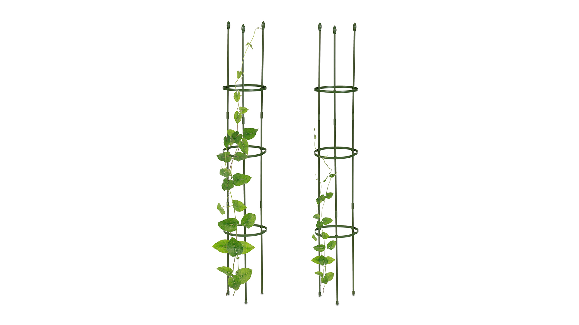 Relaxdays plantensteun set van 6, metaal & kunststof, 76 cm hoog, 3 verstelbare ringen, ronde plantengeleider, groen