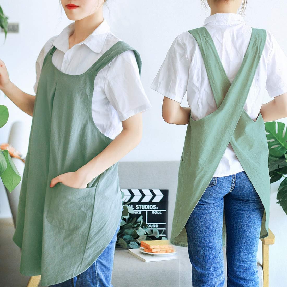 NEWGEM Japanese Linen Cross Back Cooking Aprons for Women Men with Pockets Cute for Baking Kitchen - Image 3