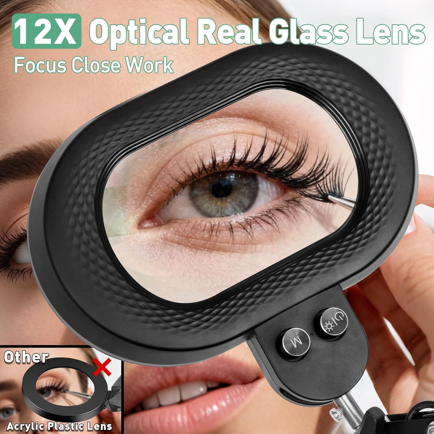 2 in 1 Floor Magnifying Glass with Light and Stand, Three-axis Rotation Infinite Color Dimmable 12X Large Lighted Magnifier Workbench lamp for Close Work, Craft, Esthetician 4 Wheel Stable Base