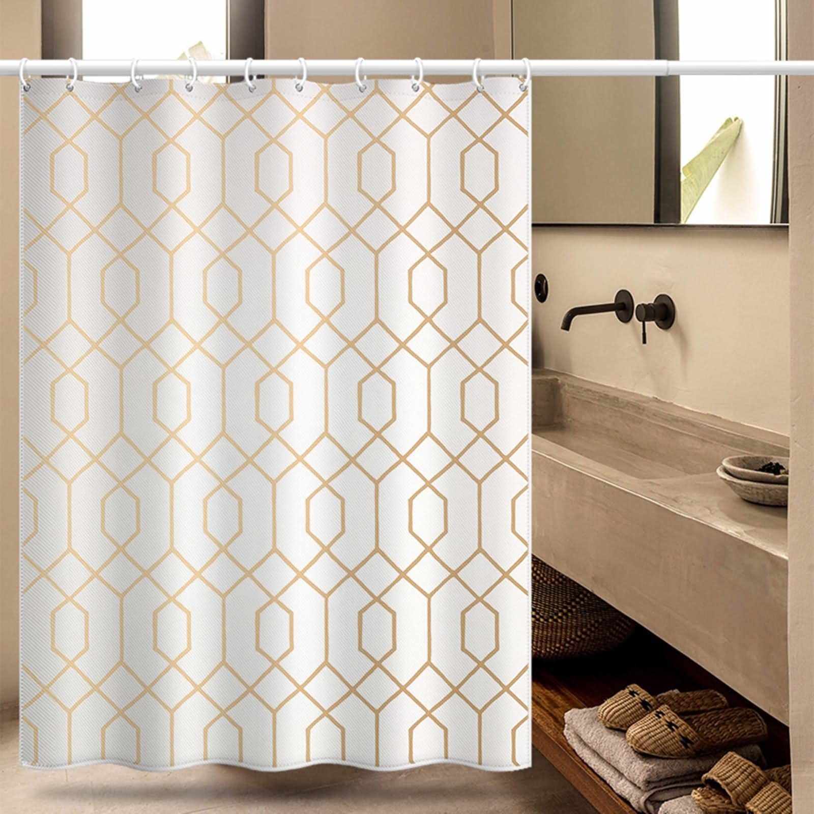 Duschvorhänge für Badewannen, Duschvorhang-Set Geometrisches Muster Hellbraun Beige Polyester 150X200cm