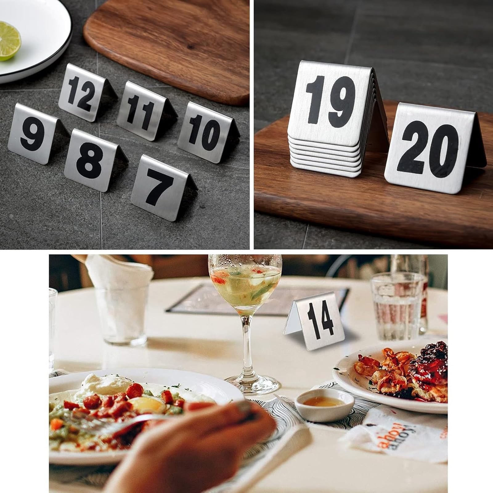 ROFBIHG Letreros de Número De Mesa, Placas De Reserva Estilo Carpa, Tarjetas de Ubicación MetáLicas con Números De Orden De Mesa, Ideales para Restaurantes, Cafeterías, Bares, Reuniones(1-50)