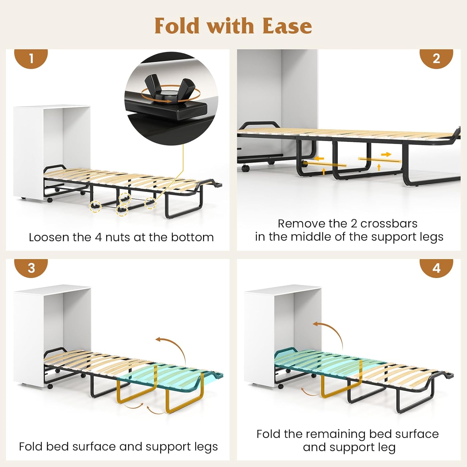 Four-step diagram illustrating how to fold the Giantex Murphy Bed Cabinet: loosen nuts, remove crossbars, fold first section, fold remaining section.