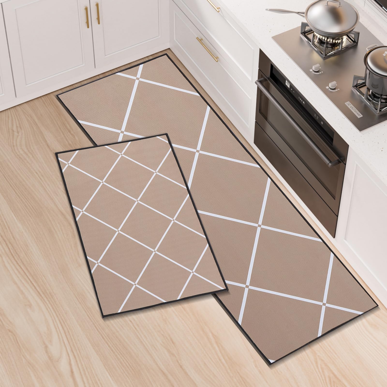 Juego de 2 Alfombras de Cocina, Alfombrillas de Cocina Lavables, Corredera Antideslizante, Alfombrilla Absorbente para Entrada y Decoración del Hogar de Oficina, 43x75+43x120cm, Caqui