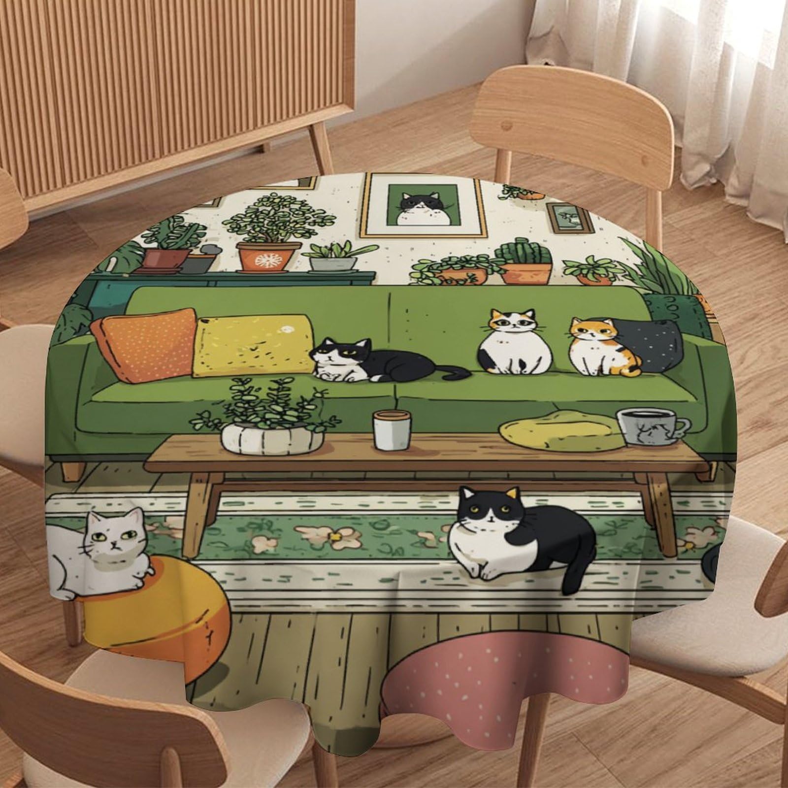 LUYYSKY Classic Abstract Cute Cats Round Tablecloth Colorful Modern Room Botanical Plants Animals Kittens Pattern Washable Decor for Table Cover for Kitchen-60 Wx60 L