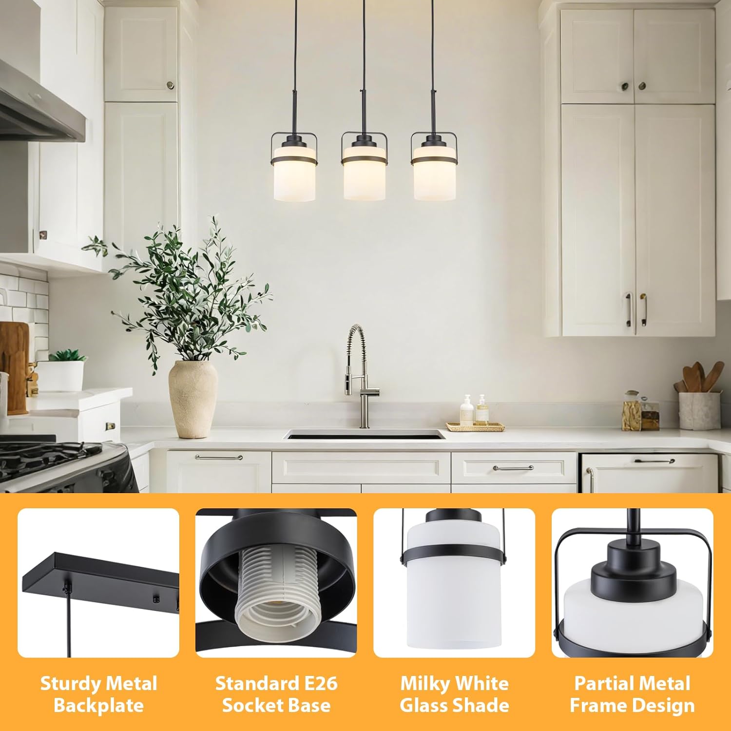 Black 3-Light Pendant Lighting, Adjustable Hanging Light Fixture with Milk Glass Shade, Modern Pendant Light for Kitchen Island Dining Room Bar Over Sink/Table/Counter