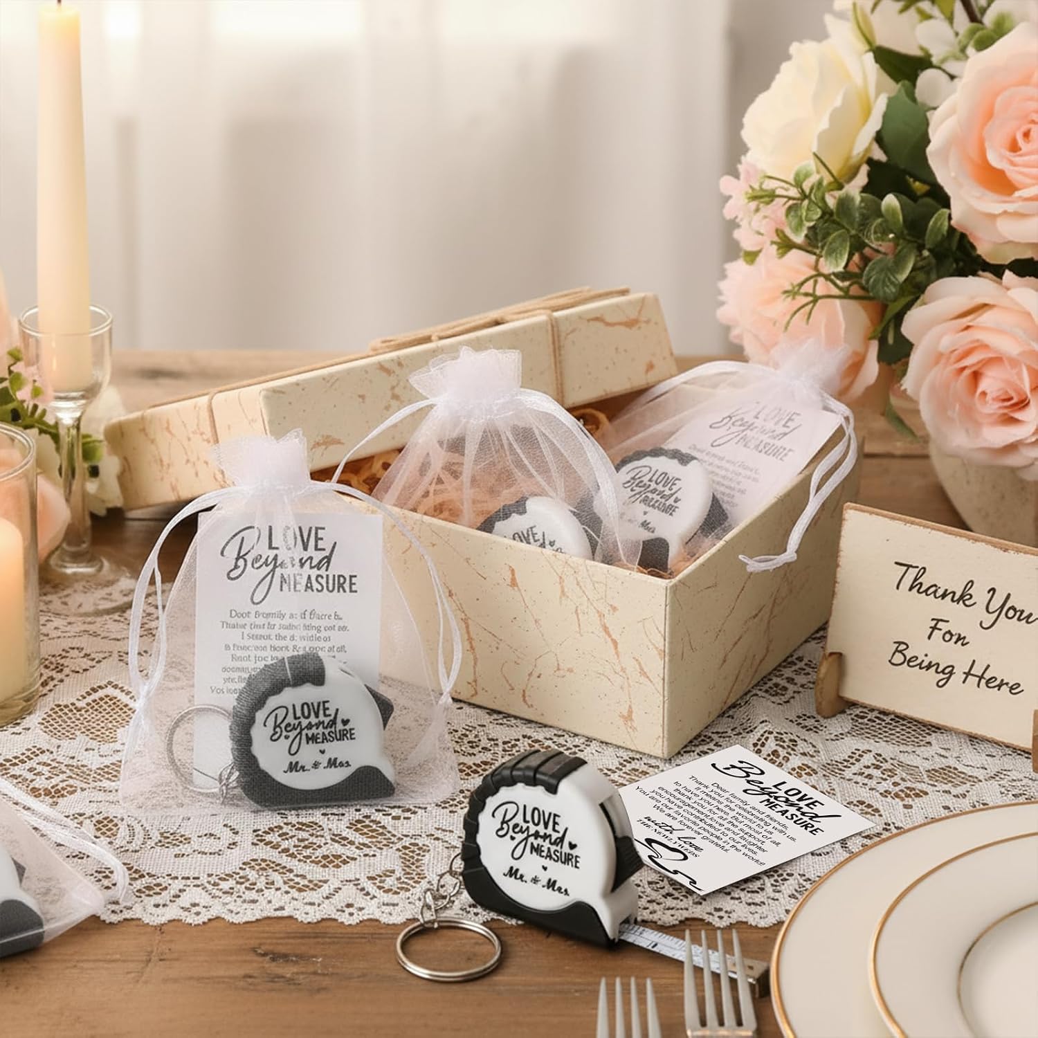 50 Sets Wedding Favors for Guests,Measuring Tape Keychain with 50 Cards & 50 Gift Bags,Wedding Party Favors for Bridal Shower Souvenirs