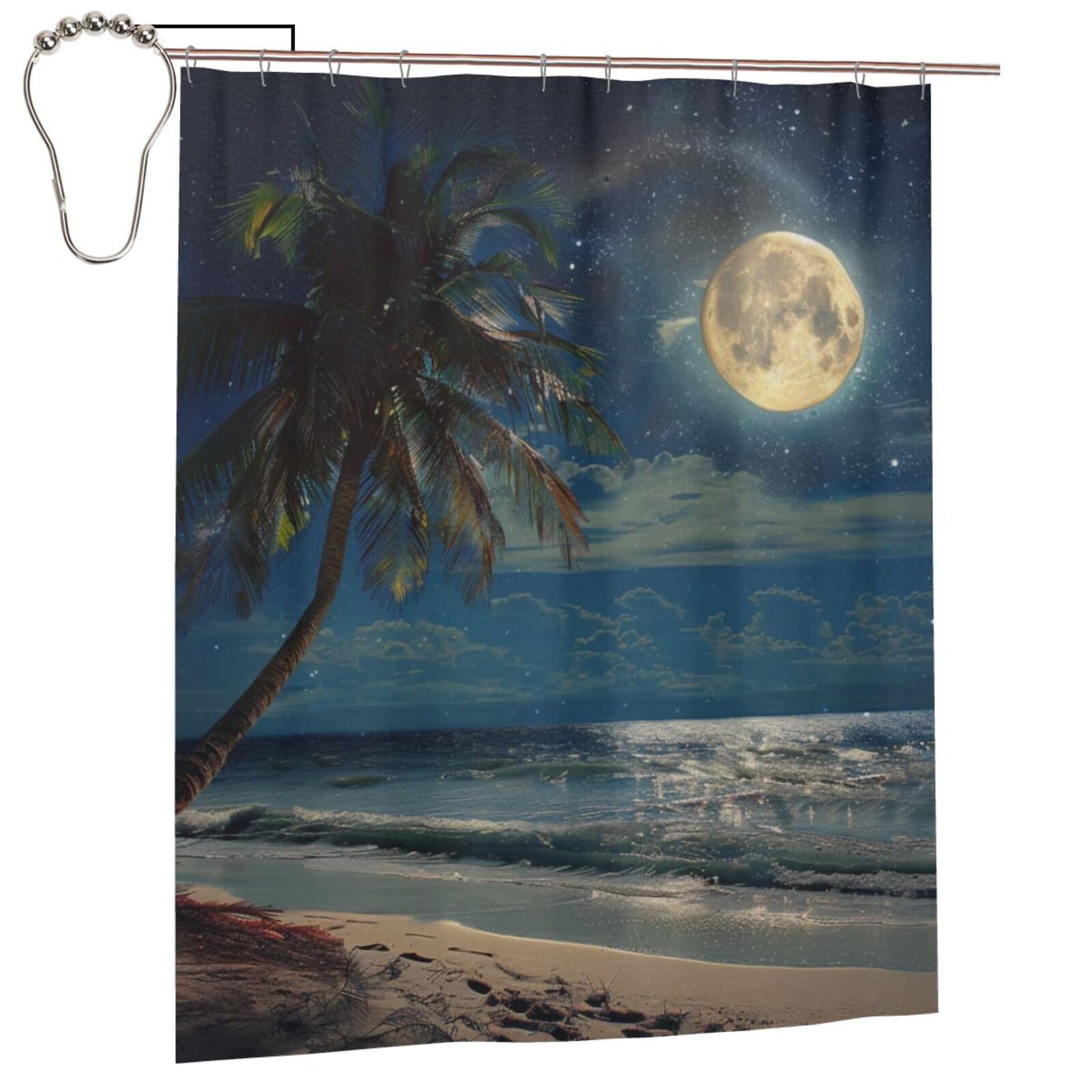 BWWHCCTI Tropical Beach Palm Tree with Moon Printed Shower Curtain With 12 Iron Hooks Opaque Quick Drying Waterproof Shower Curtains Sets For Bathroom 152x183 Cm