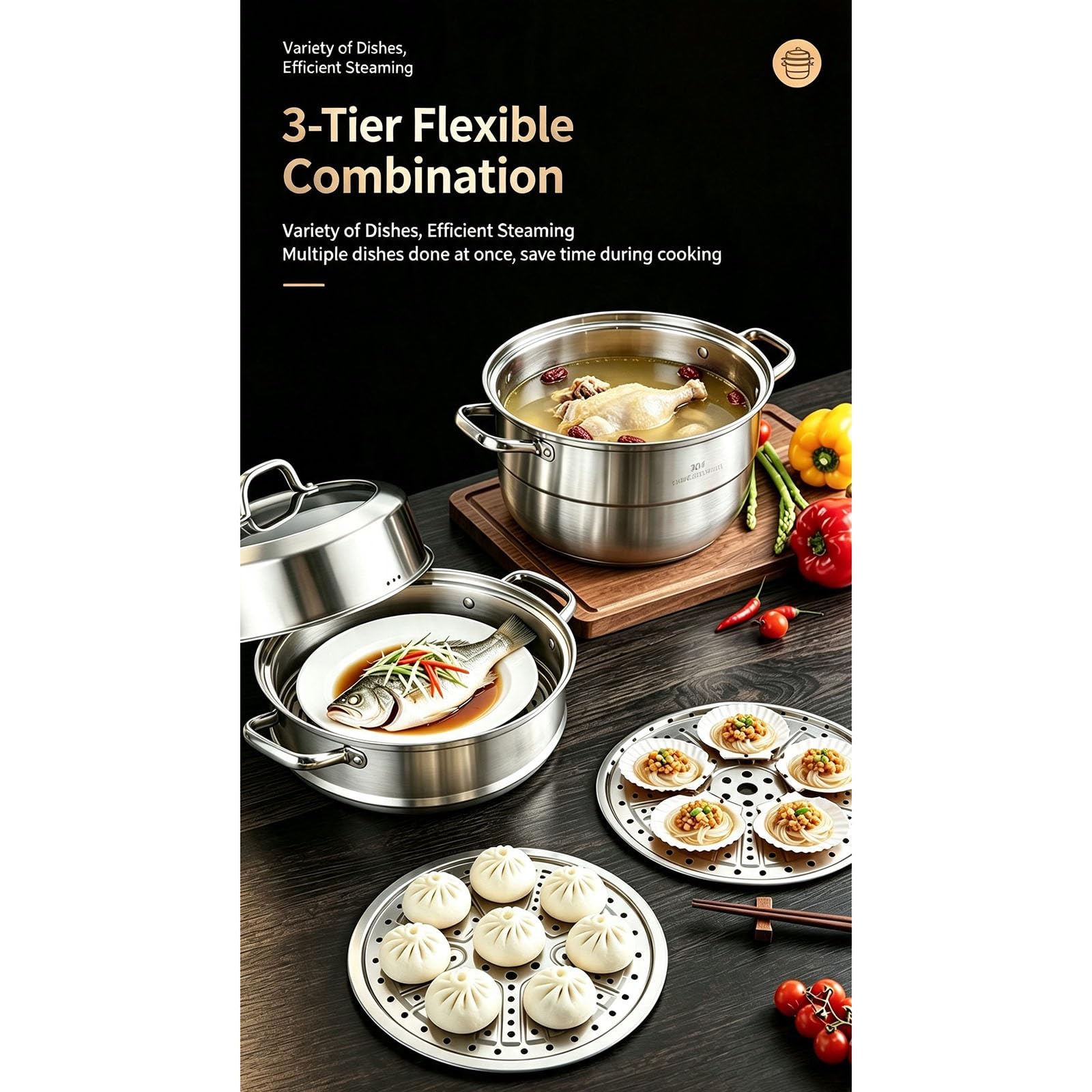 Stapelbarer mehrstöckiger Dampfgartopf aus Edelstahl | Kompatibel mit Induktions-Gasherden for das tägliche Kochen mit der Familie(32cm)
