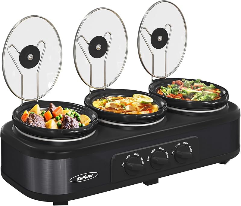 Servidores y calentador de buffet de olla de cocción lenta triple, mini olla de cocción lenta manual pequeña para alimentos de 3 ollas con soportes de tapa de acero inoxidable de temperatura ajustable, olla de cerámica extraíble, 3 * 1,5 cuartos de galón negro