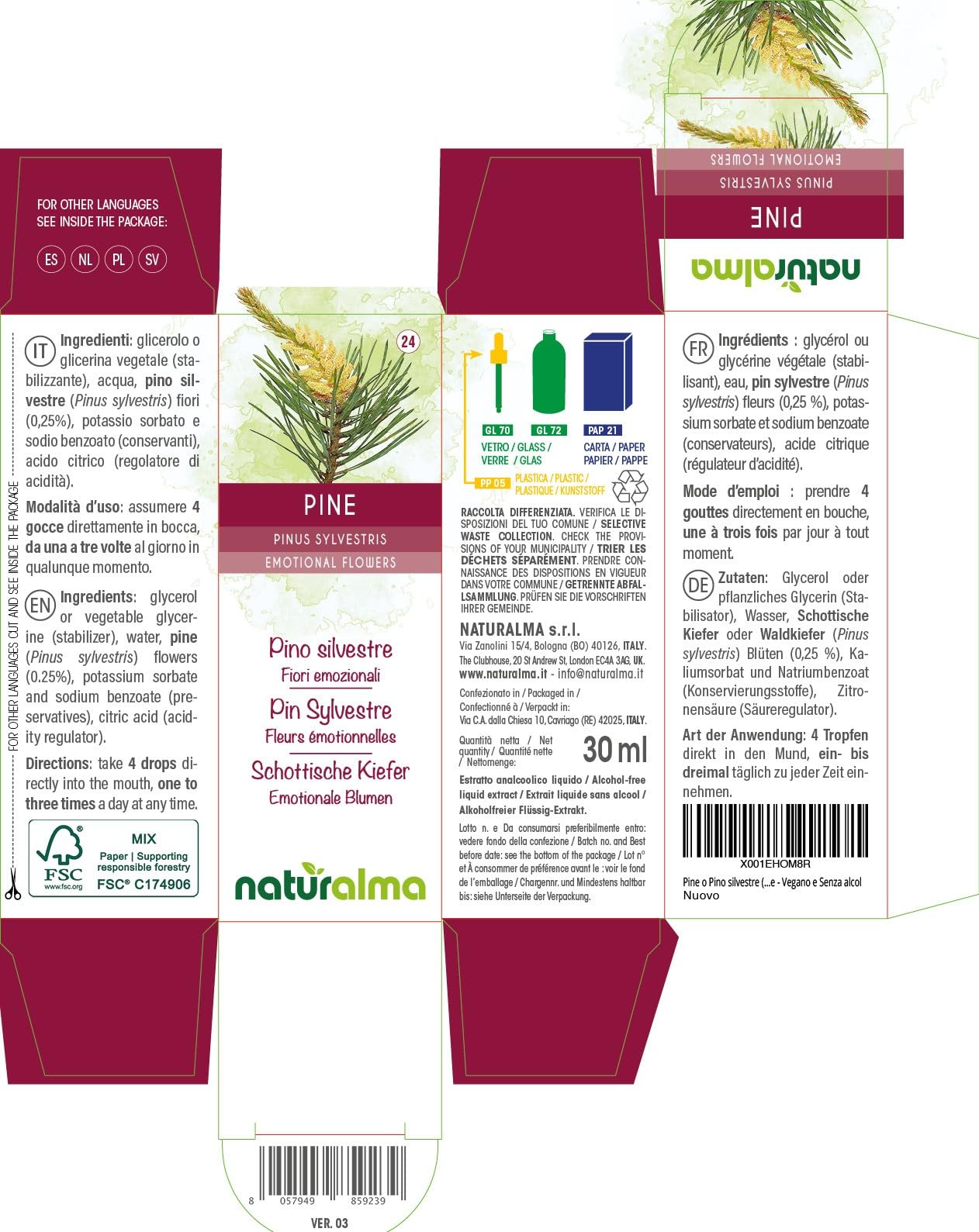 Pine o Pino silvestre (Pinus sylvestris) Flores emocionales o Flores de Bach Naturalma - Gotas 30 ml - Extracto líquido sin alcohol - Esencias florales - Vegano