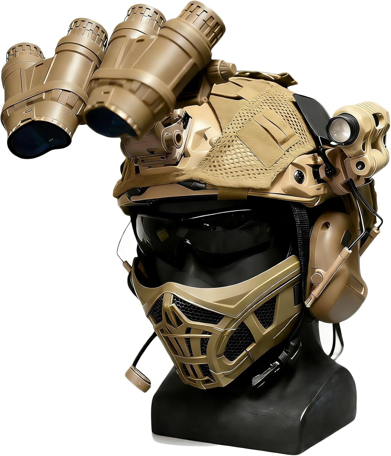 Fast Tactical Airsoft Helmet Full Set with NVG Model, Foldable Headset, Half Face Mesh Mask, Goggles, Flashlight & Counterweight Bag - Protective Gear for Paintball WarGame