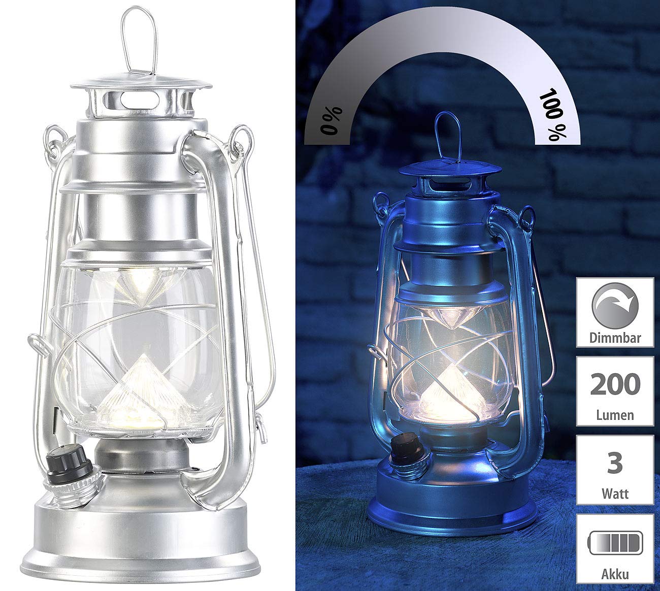 Lunartec Sturmlaternen LED, Akku: 2er-Set Ultra helle LED-Sturmlampen, Akku, 200 lm, 3 Watt (Handlaterne, helle Lampe wiederaufladbar)