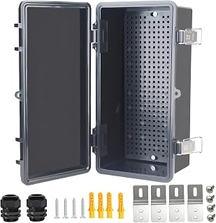 Electrical Junction Box, IP67 Waterproof Outdoor Box ABS Plastic Enclosure with Stainless Steel Latches & Brackets, Hinge Black Cover Project Box with Mounting Plate 10.6"x5.1"x4.3"