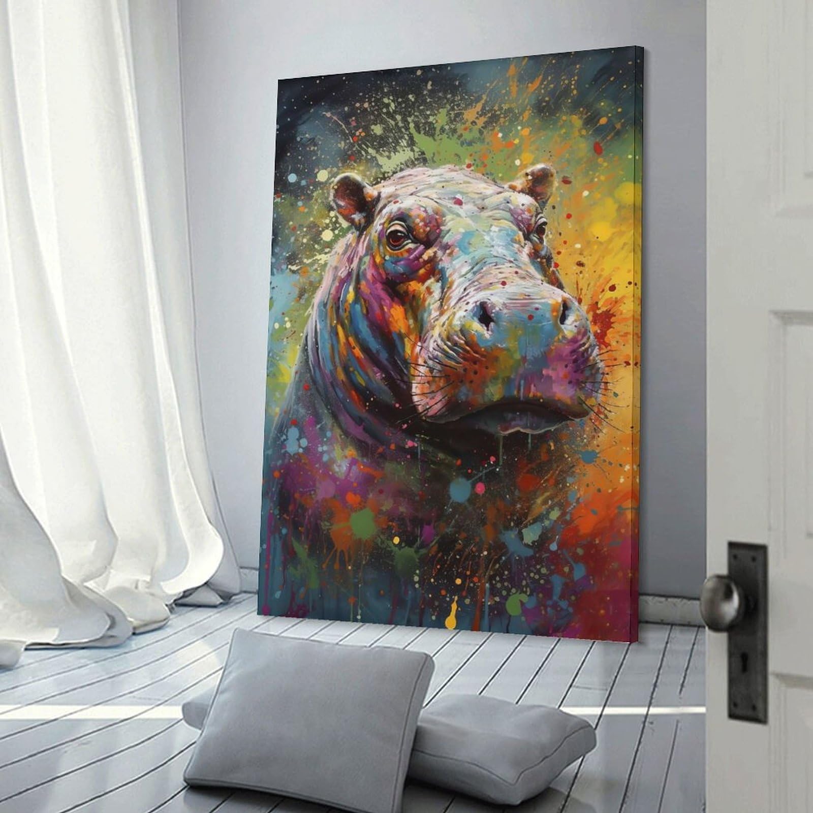 Junmoney Frame-Style-5 Colorful Hippo Painting Canvas Wall Decor, 12X18inch(30X45cm), For Flats, Guest Rooms Or Compact Rooms, Decorative Canvas Decor For Home Updates