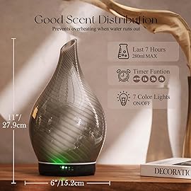 Porseme 280ml Essential Oil Diffuser Glass Color Changing Aroma Air Diffusers Aromatherapy Ultrasonic Cool Mist Humidifier 7 Running Hours Waterless Auto-Off for Sleeping, Yoga, Office (Pure Grey)