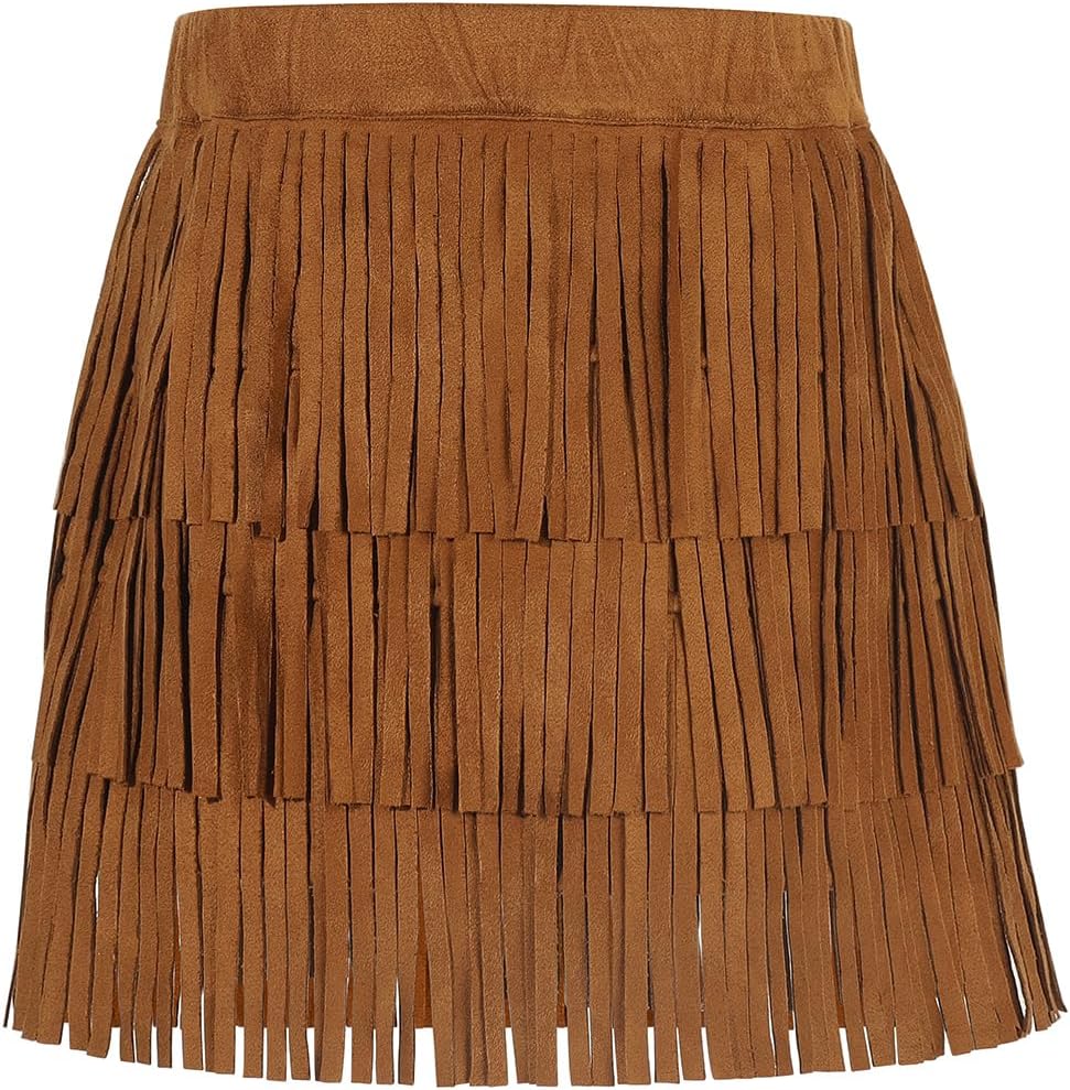 Noomelfish Girls and Women Suede Fringe Skirt Boho Tassel Layered Ruffle Skirt