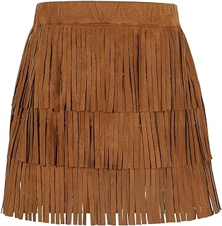 Girls and Women Suede Fringe Skirt Boho Tassel Layered Ruffle Skirt