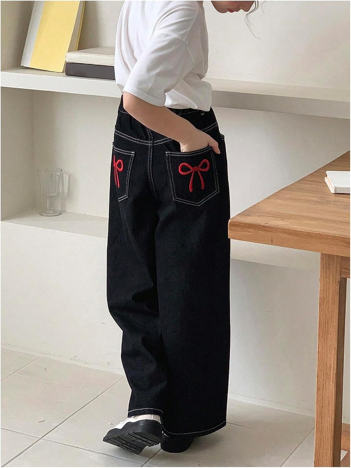 OYOANGLE Girl's Bow Embroidery Straight Leg Jeans Elastic Waist Solid Denim Pants with Pockets