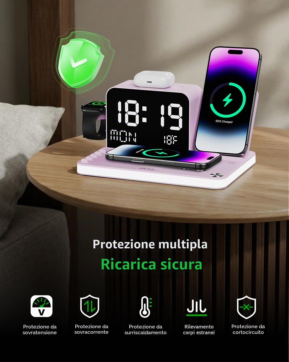 Acer Stazione di ricarica wireless 7 in 1 con orologio a LED, caricabatterie wireless veloce da 30 W per iPhone 16/15/14/13/12/Pro Max, Apple Watch, AirPods, sincronizzazione automatica dell'ora e