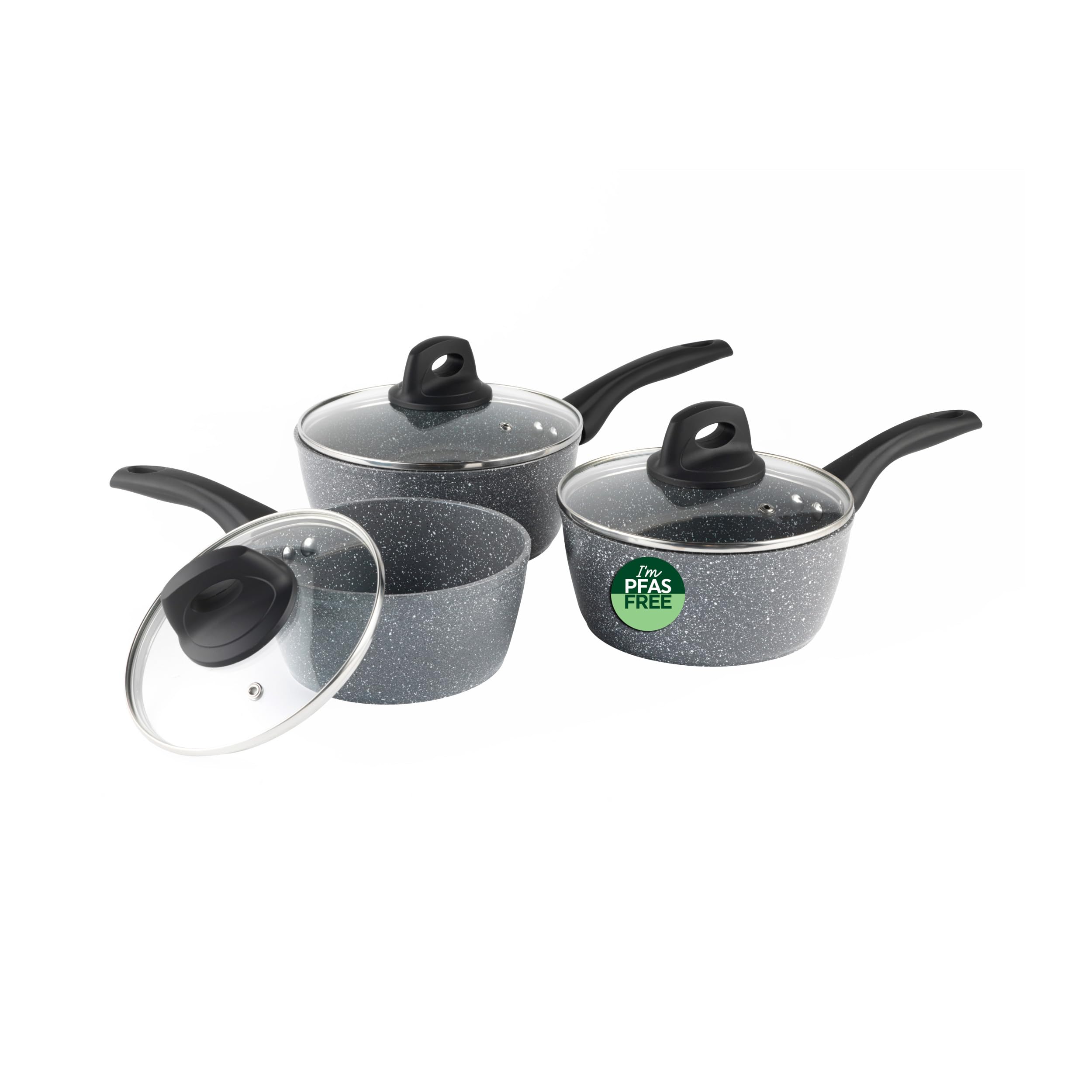 Salter Go Green Thermo Collar 3-częściowy zestaw patelni – technologia wskaźnika ciepła, bez PFAS, rondle 16, 18, 20 cm z pokrywkami i otworami wentylacyjnymi, ceramiczna powłoka nieprzywierająca