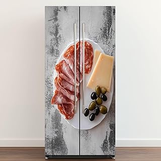 Self Adhesive Vinyl Refrigerator Wrap Slices Sausage ham prosciutto Cheese Olives for Breakfast are Door Mural Sticker Peel and Stick Removable Door Cover Fridge Wrap Decal for Kitchen Decor