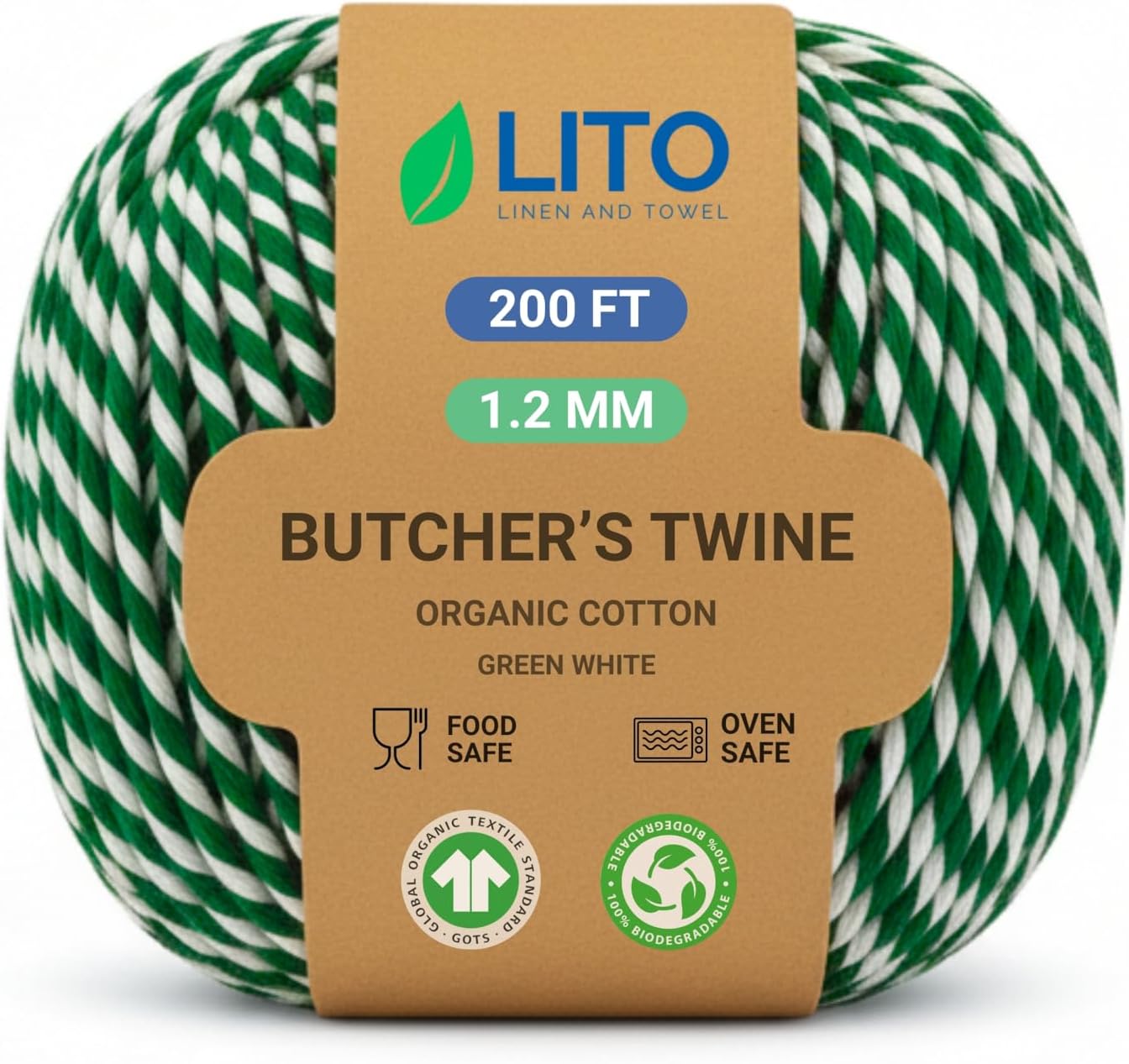 Green & White Cotton Twine 200 Feet – Organic Baker’s Twine, Food Safe Butcher String, Gift Wrapping for Crafts, DIY Decor, Spring Packaging