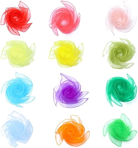 Miniatura 2 de KIMOBER 12 bufandas cuadradas de baile, 12 colores malabares de seda, trucos de magia de música, accesorios para niños pequeños (24 x 24 pulgadas)