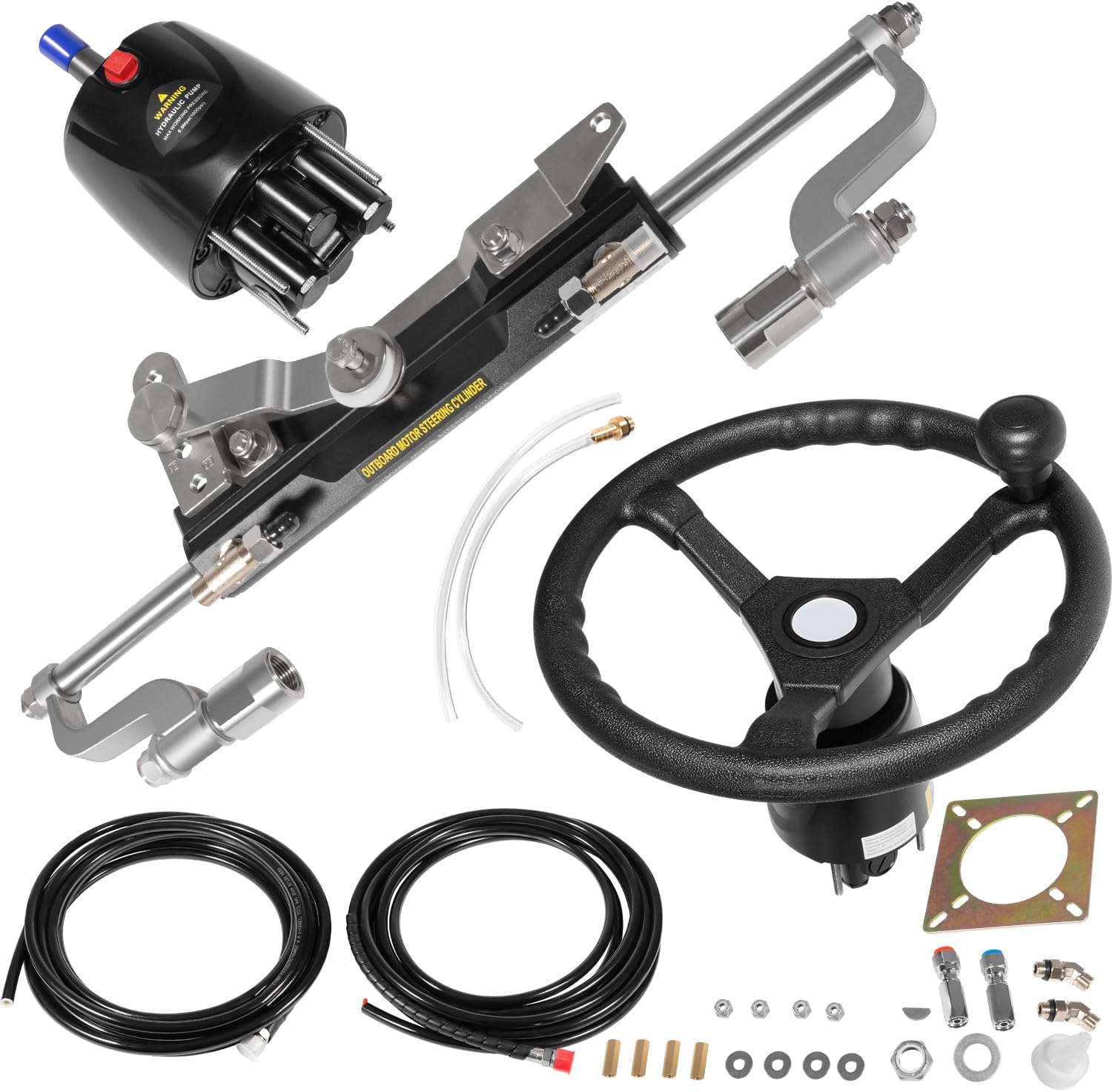 300HP Hydraulic Steering Kit with Steering Wheel - Complete Marine System for Single Station, Single-Engine use Built-in Two-Way Lock Cylinder, 300HP Pump and 26ft High-Strength Nylon Hose