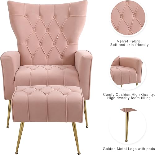 Miniatura 10 de Silla decorativa de terciopelo con otomana, silla tapizada con respaldo de ala, sillas decorativas modernas con patas de metal dorado para Otomana