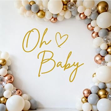 Oh Baby Sign for Backdrop - Ohmique Oh Baby Sign Decal for Balloon Arch, Neutral Gender Reveal Party Backdrop Decorations Decal, Newborn Welcome Party Decor Wall Stickers Gold