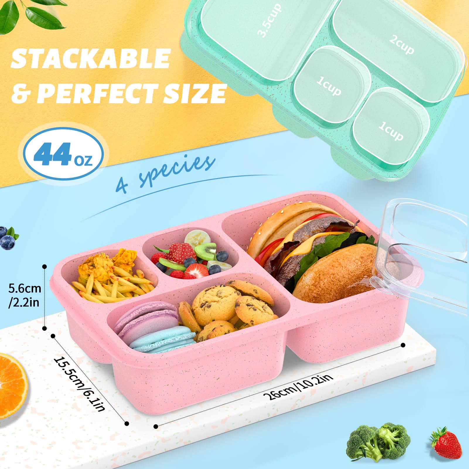 Caja Bento de gran capacidad para adultos, juego de 4 piezas, lonchera apilable con 4 compartimentos, apta para microondas y lavavajillas, recipientes reutilizables para preparación de comidas, 3