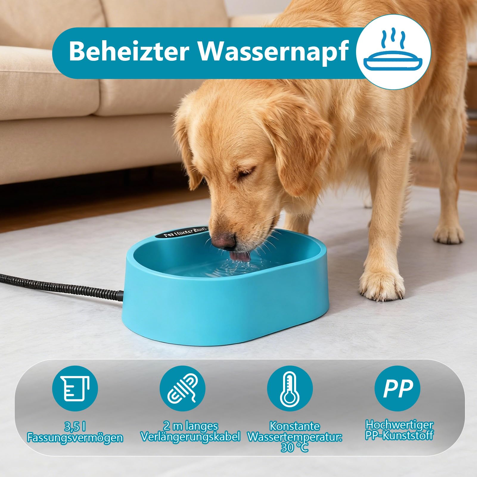 Beheizter Wassernapf 3,7 L Frostschutz Hunde Katzen Hühner, 35 °c Konstante Temperatur, Beheizter Wassernapf Hunde Mit 2m/6.56ft Anti-Biss-Kabel, Wasserdicht, Ideal Für Winter, Balkon, Stall, Garten