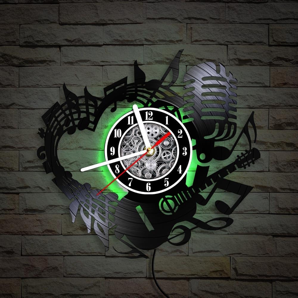 The Geeky Days in Love with Music Carved Vinyl Record Art Wall Clock Multiple Color Changing LED Silent Non Ticking Guitar Microphone Luminous Wall Clock Gift for Music Lovers Art Student